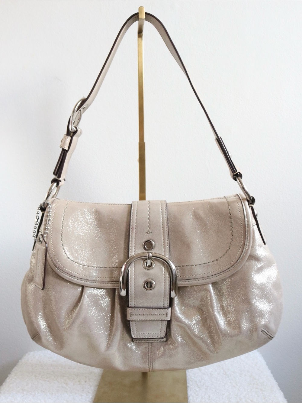 Vintage Coach SoHo Pleated Flap Bag Medium Metallic Champagne Silver Hardware